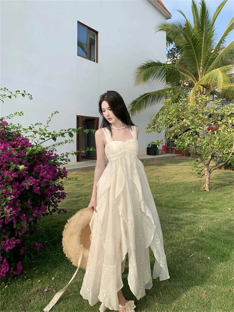 Bonnyshow Beach Holiday Elegant Party Long Dresses for Women 2024 Summer New Korean Fashion Sundress Embroidery Sleeveless Female Clothing