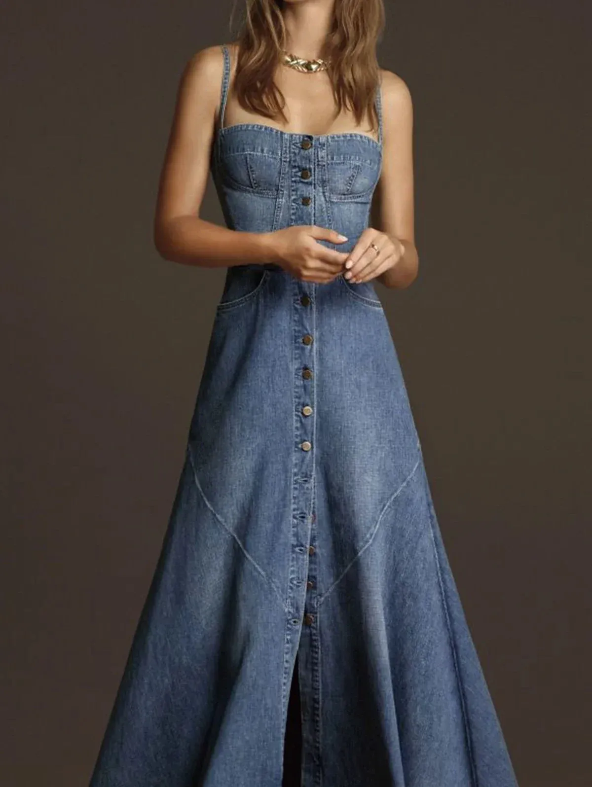 Bonnyshow Women's Denim Dress Camisole Vest Sleeveless Vintage Square Neck Button Denim Maxi Dress Casual Women's Robe Summer Dress