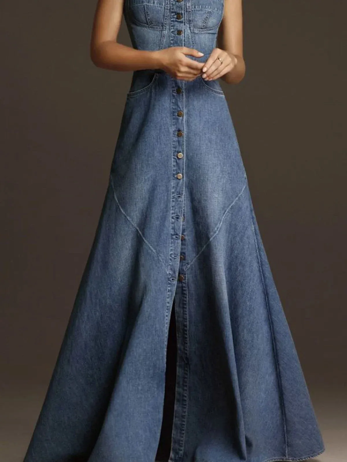 Bonnyshow Women's Denim Dress Camisole Vest Sleeveless Vintage Square Neck Button Denim Maxi Dress Casual Women's Robe Summer Dress