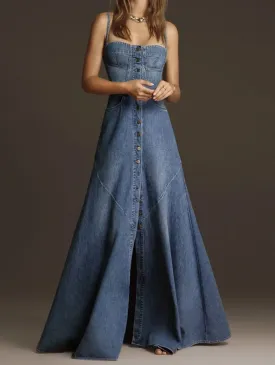 Bonnyshow Women's Denim Dress Camisole Vest Sleeveless Vintage Square Neck Button Denim Maxi Dress Casual Women's Robe Summer Dress