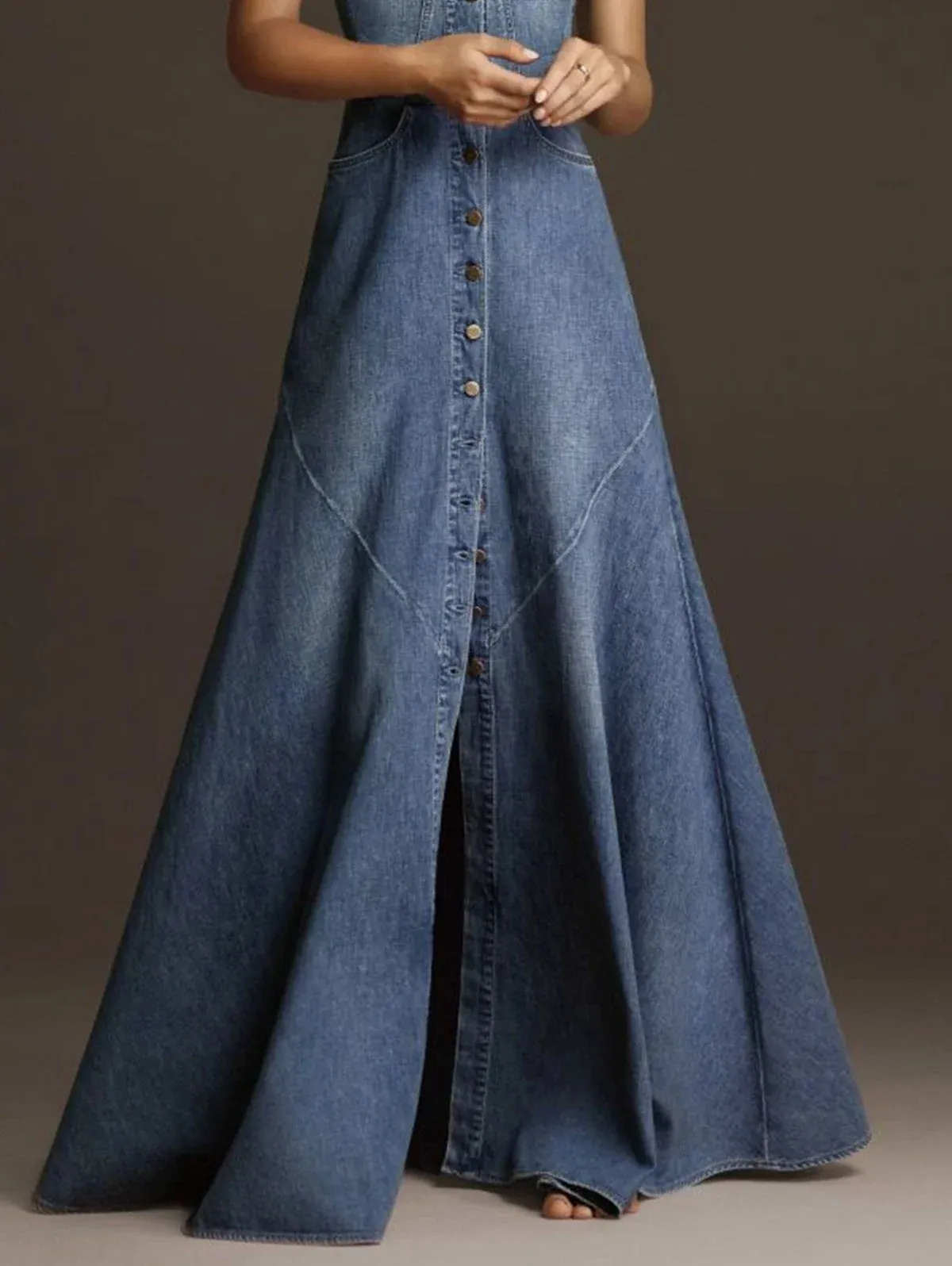 Bonnyshow Women's Denim Dress Camisole Vest Sleeveless Vintage Square Neck Button Denim Maxi Dress Casual Women's Robe Summer Dress