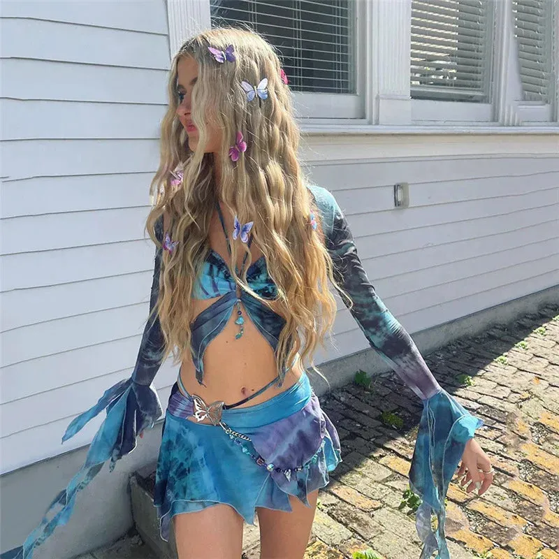 Bonnyshow Summer Mesh Butterfly 3 Piece Sets Skirt Tie Dye Women Dress Sexy Bandage Irregular Skirt Flares Sleeve Tops Party Outfits