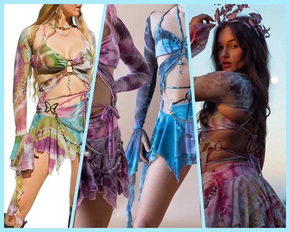 Bonnyshow Summer Mesh Butterfly 3 Piece Sets Skirt Tie Dye Women Dress Sexy Bandage Irregular Skirt Flares Sleeve Tops Party Outfits