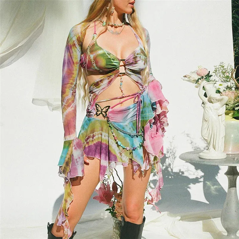 Bonnyshow Summer Mesh Butterfly 3 Piece Sets Skirt Tie Dye Women Dress Sexy Bandage Irregular Skirt Flares Sleeve Tops Party Outfits