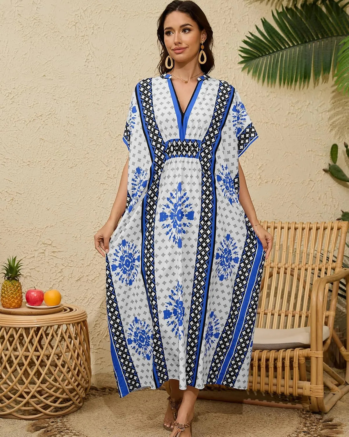 Bsubseach Kaftan Dresses for Women V Neck Modern Caftans Plus Size Swimsuit Coverup Beach Loungewear Dress