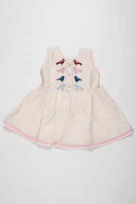 Charming White Chanderi Cotton Frock with Bird Embroidery for Girls