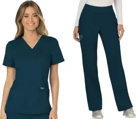 Cherokee Scrub Set For Women, Modern Classic Fit Mock Wrap Top WW610 With Mid Rise, Straight Leg Pant WW110, Caribbean Blue- L Top/M Petite Pant