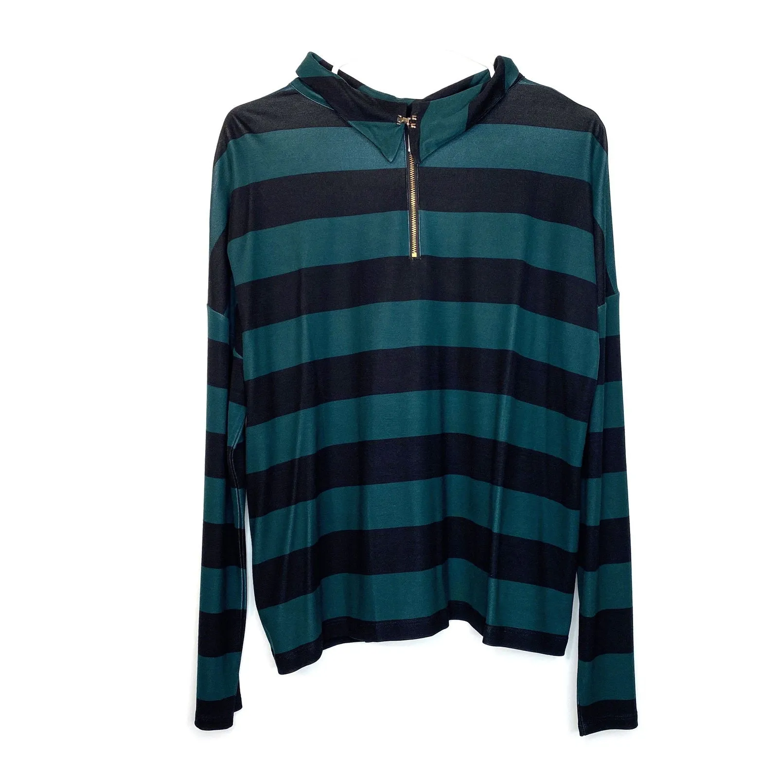 Chicos Womens Size 2 Black Green Broad Striped Slouch Collar Top Shirt L/s