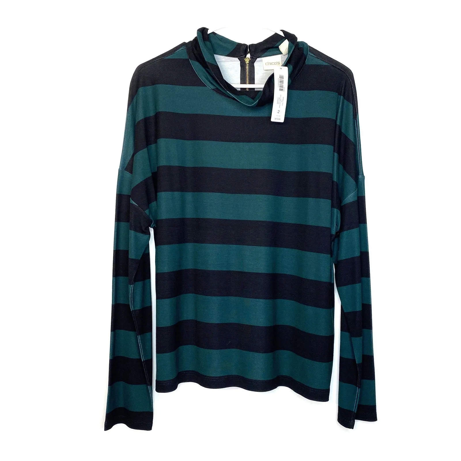 Chicos Womens Size 2 Black Green Broad Striped Slouch Collar Top Shirt L/s