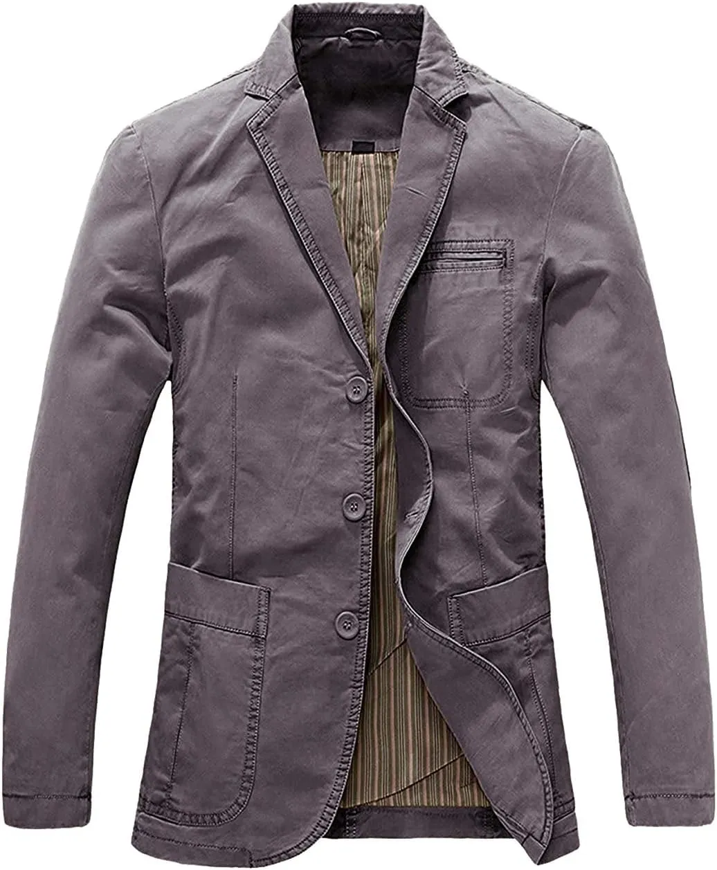 chouyatou Men's Casual Three-Button Stripe Lined Cotton Twill Suit Jacket