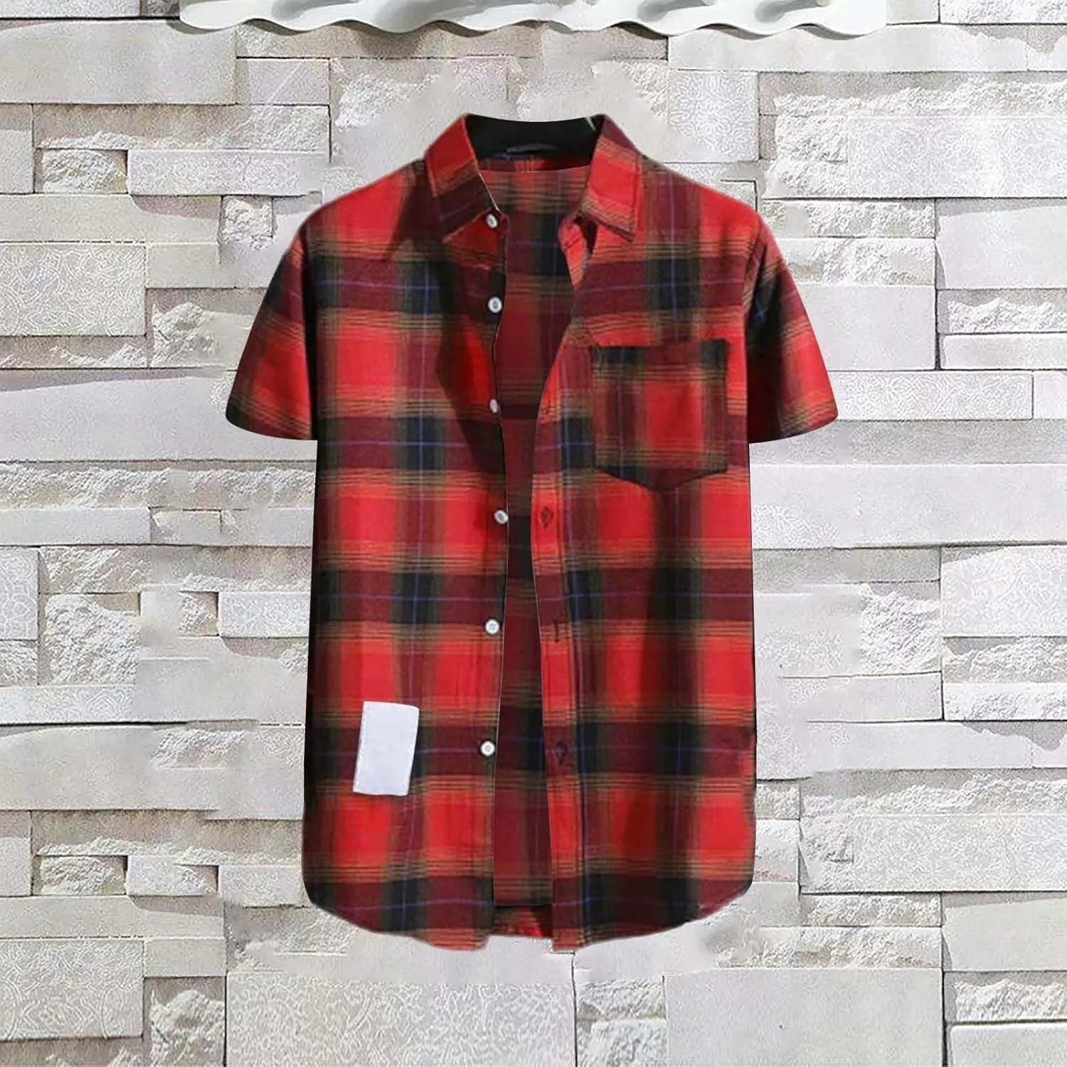 CRNTCEM Mens Short Sleeve Casual Plaid Shirts Cotton Regular Fit Button Down Gingham Shirts Summer Loose Dresses Blouses