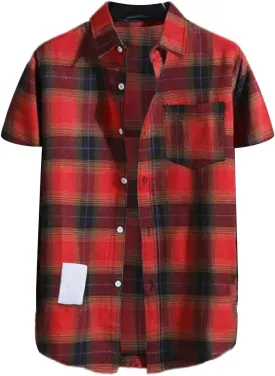 CRNTCEM Mens Short Sleeve Casual Plaid Shirts Cotton Regular Fit Button Down Gingham Shirts Summer Loose Dresses Blouses