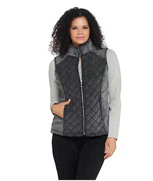 Denim & Co. Active Quilted Zip Front Frosted Sherpa Vest X-Large Black