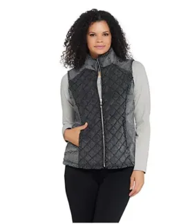 Denim & Co. Active Quilted Zip Front Frosted Sherpa Vest X-Large Black