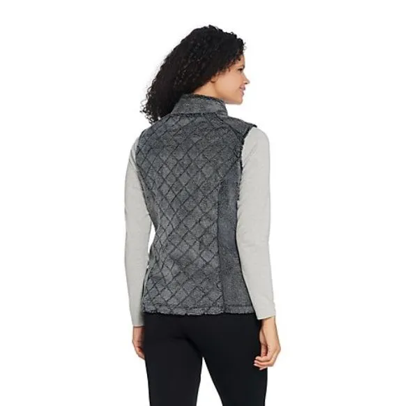 Denim & Co. Active Quilted Zip Front Frosted Sherpa Vest X-Large Black