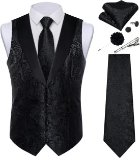 DiBanGu Mens Paisley Suit Vest Silk Jacquard Waistcoat and Necktie Set Formal Shawl Collar Dress Vest 7PCS for Wedding Party