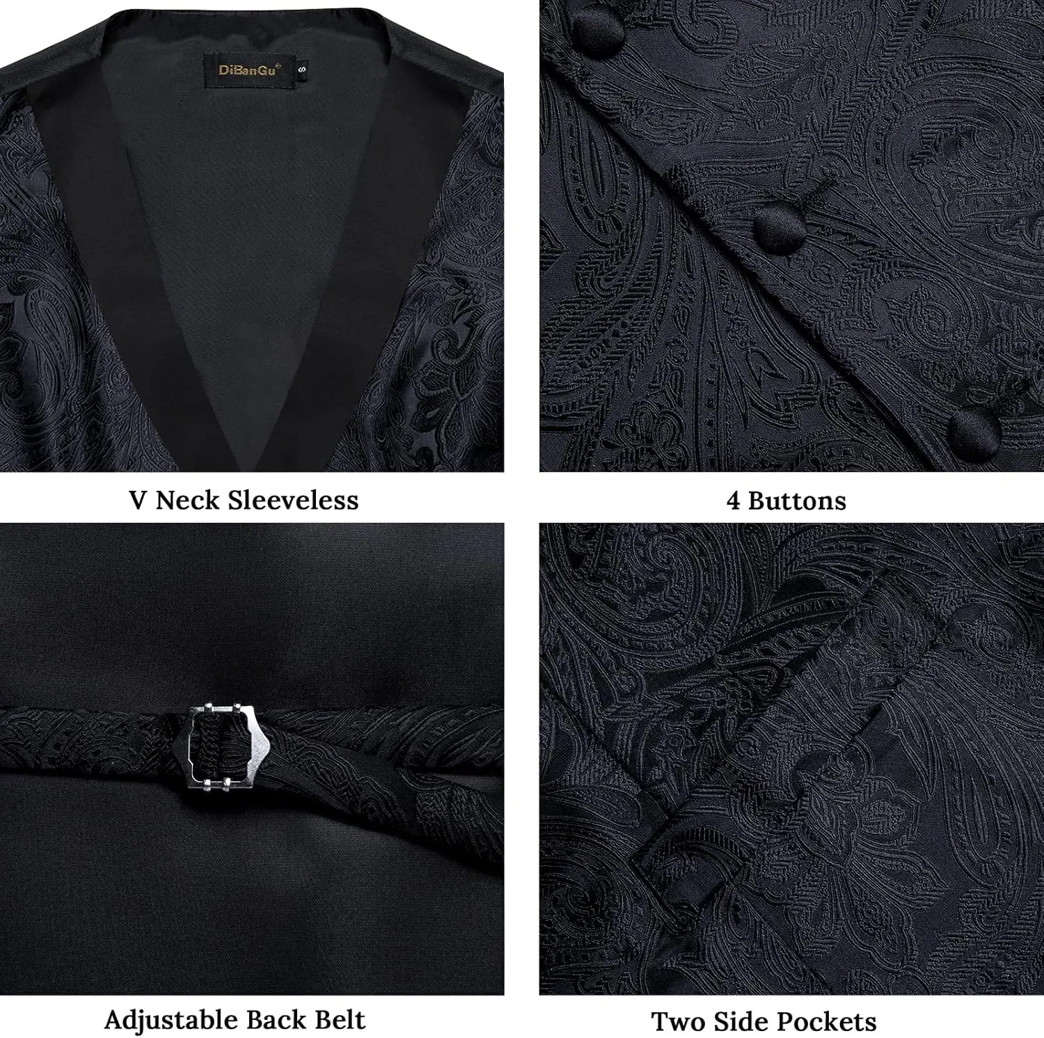 DiBanGu Mens Paisley Suit Vest Silk Jacquard Waistcoat and Necktie Set Formal Shawl Collar Dress Vest 7PCS for Wedding Party