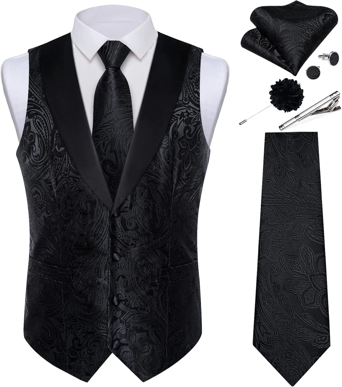 DiBanGu Mens Paisley Suit Vest Silk Jacquard Waistcoat and Necktie Set Formal Shawl Collar Dress Vest 7PCS for Wedding Party
