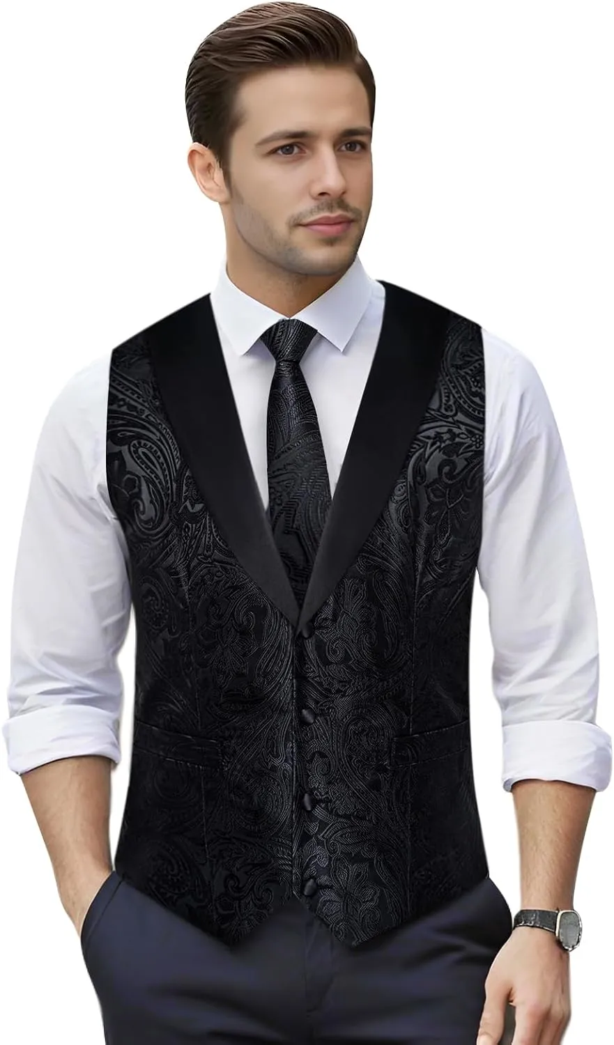 DiBanGu Mens Paisley Suit Vest Silk Jacquard Waistcoat and Necktie Set Formal Shawl Collar Dress Vest 7PCS for Wedding Party