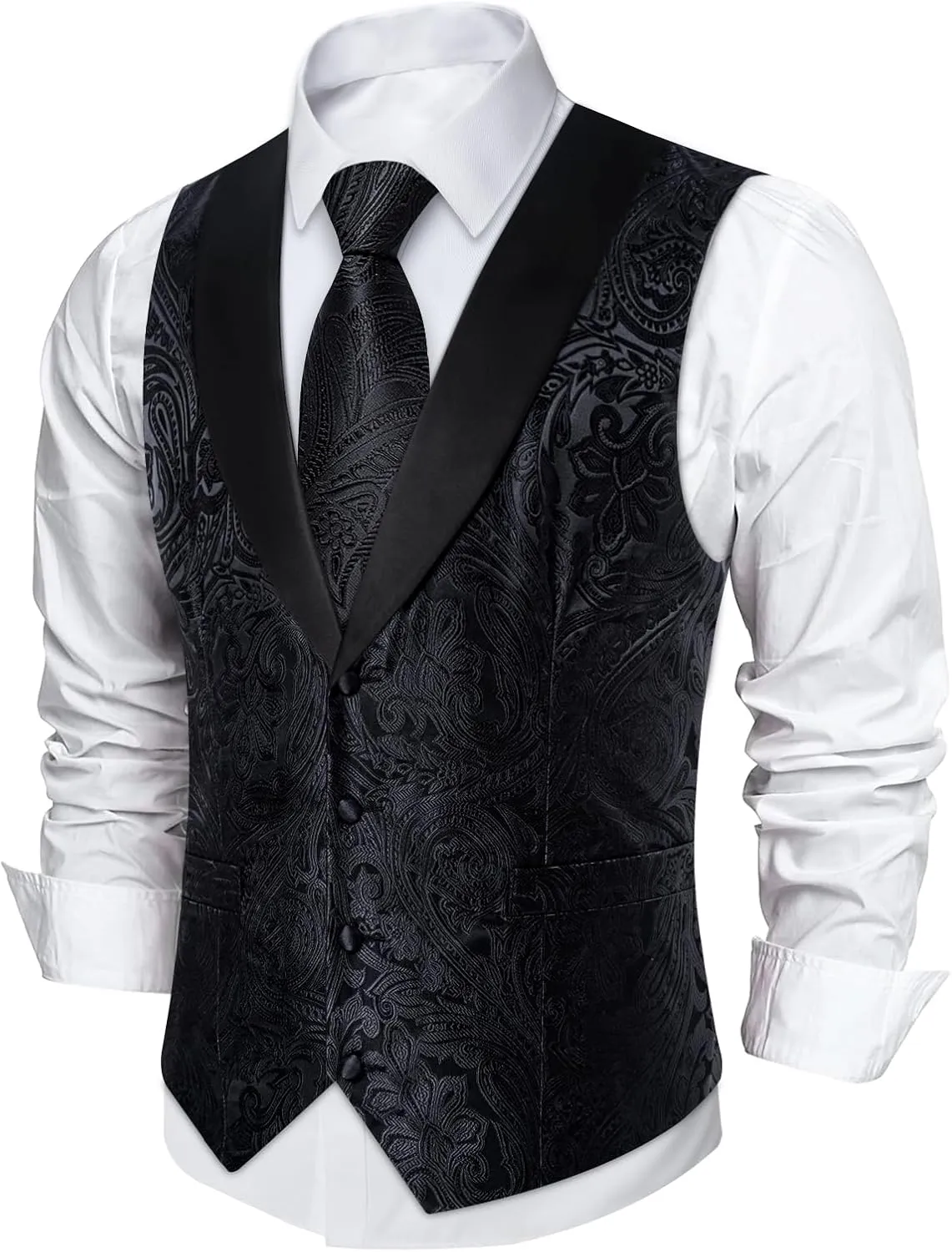 DiBanGu Mens Paisley Suit Vest Silk Jacquard Waistcoat and Necktie Set Formal Shawl Collar Dress Vest 7PCS for Wedding Party
