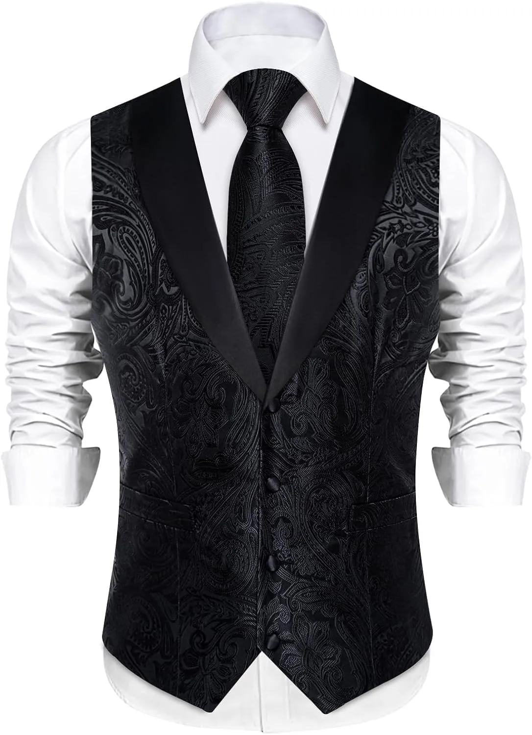 DiBanGu Mens Paisley Suit Vest Silk Jacquard Waistcoat and Necktie Set Formal Shawl Collar Dress Vest 7PCS for Wedding Party