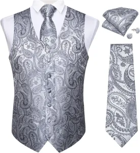 DiBanGu Mens Vest and Tie Set Formal Paisley Waistcoat and Necktie Pocket Square Cufflinks Silk Suit Vest for Tuxedo Wedding