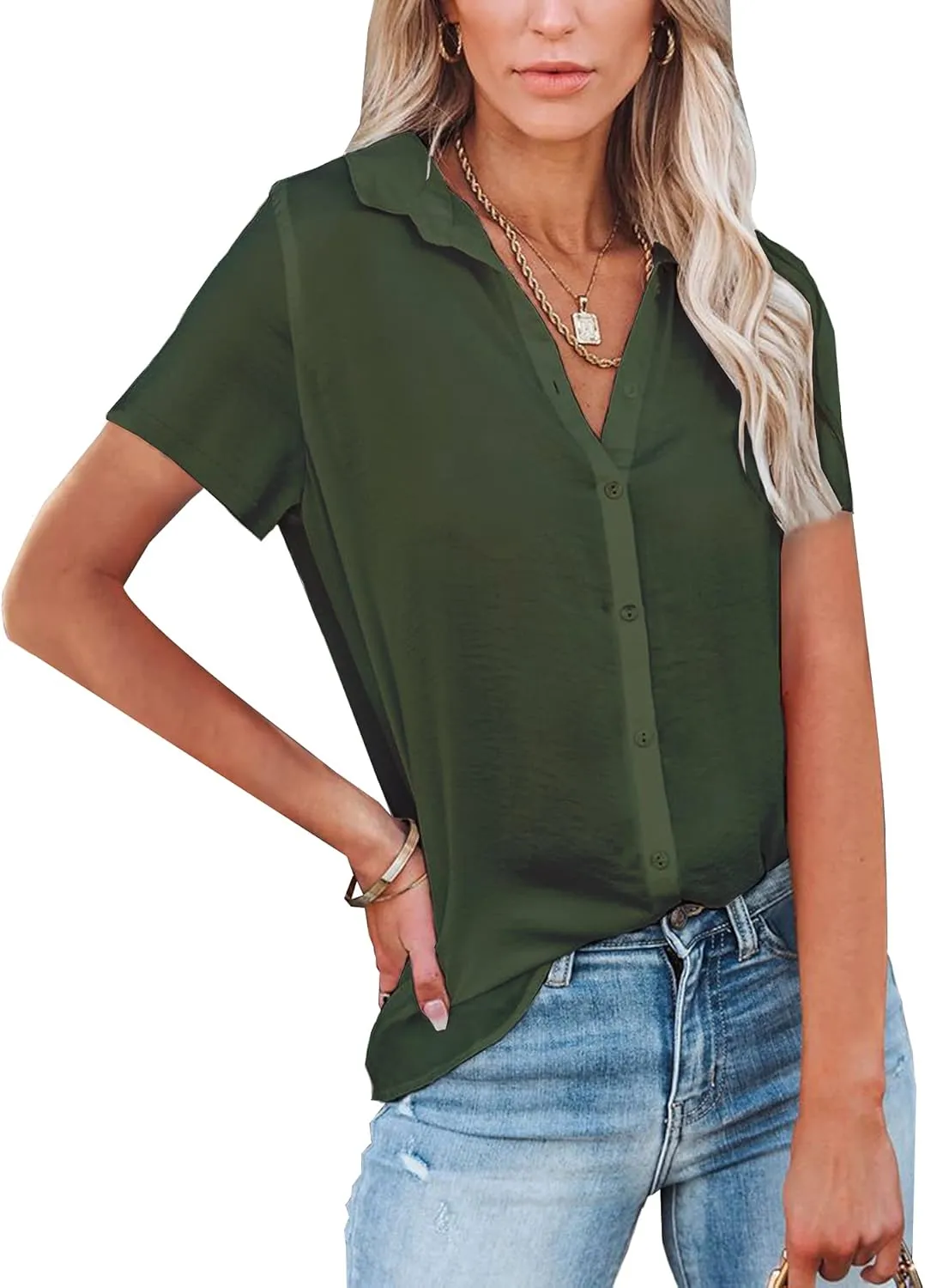 Diosun Womens Button Down V Neck Shirts Long/Short Sleeve Office Casual Business Plain Blouses Tops