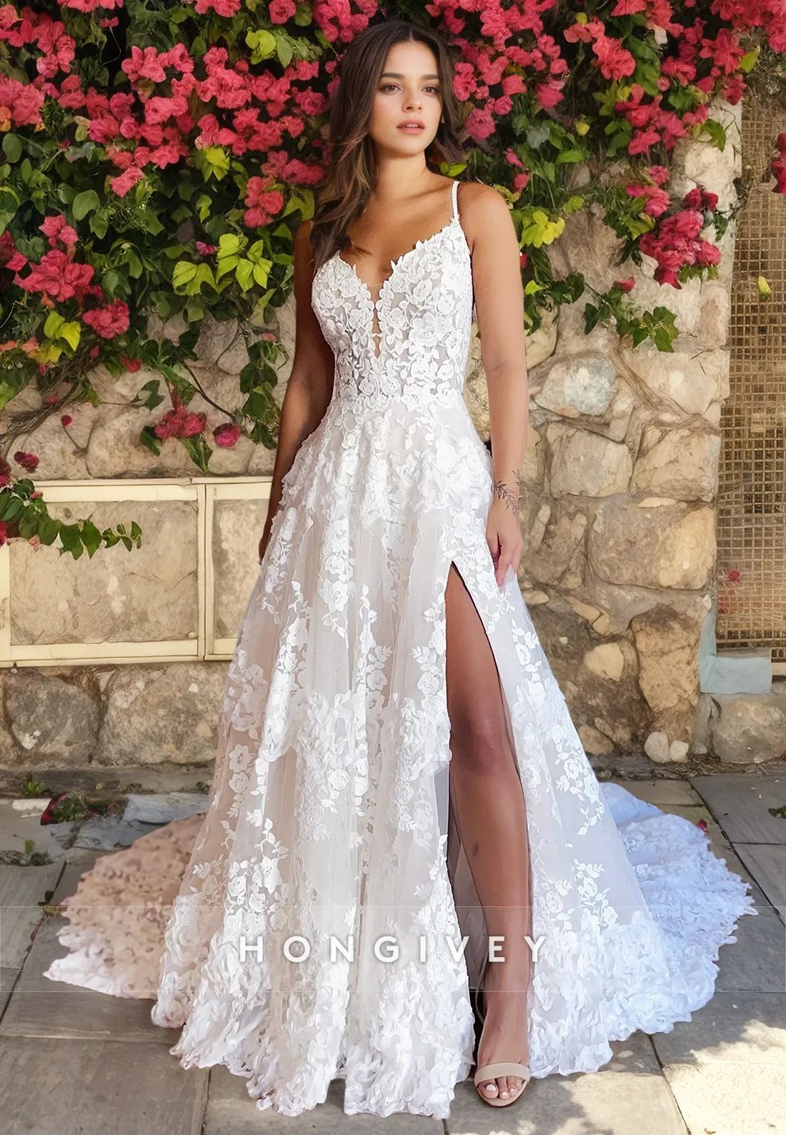 Elegant A-Line V-Neck Spaghetti Straps With Side Slit Lace Wedding Dress