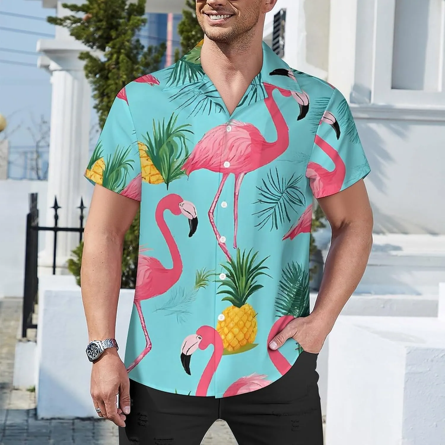 Flamingo Print Print Cuban Collar Shirt Classic Design for Comfort and Style
