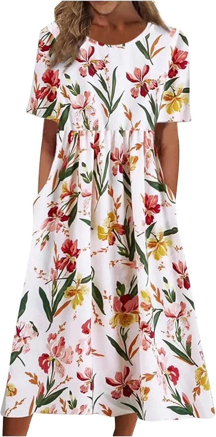 FlekmanArt Dresses for Women 2024 Round Neck Pocket Long Dresses Pleated Printed Dresses Short Sleeve Casual Beach Dress