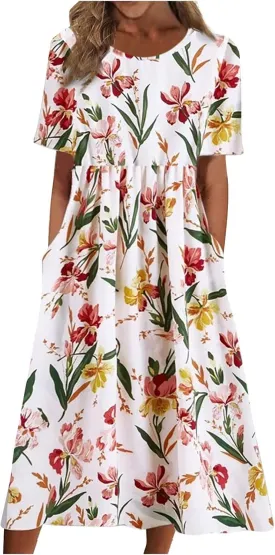 FlekmanArt Dresses for Women 2024 Round Neck Pocket Long Dresses Pleated Printed Dresses Short Sleeve Casual Beach Dress