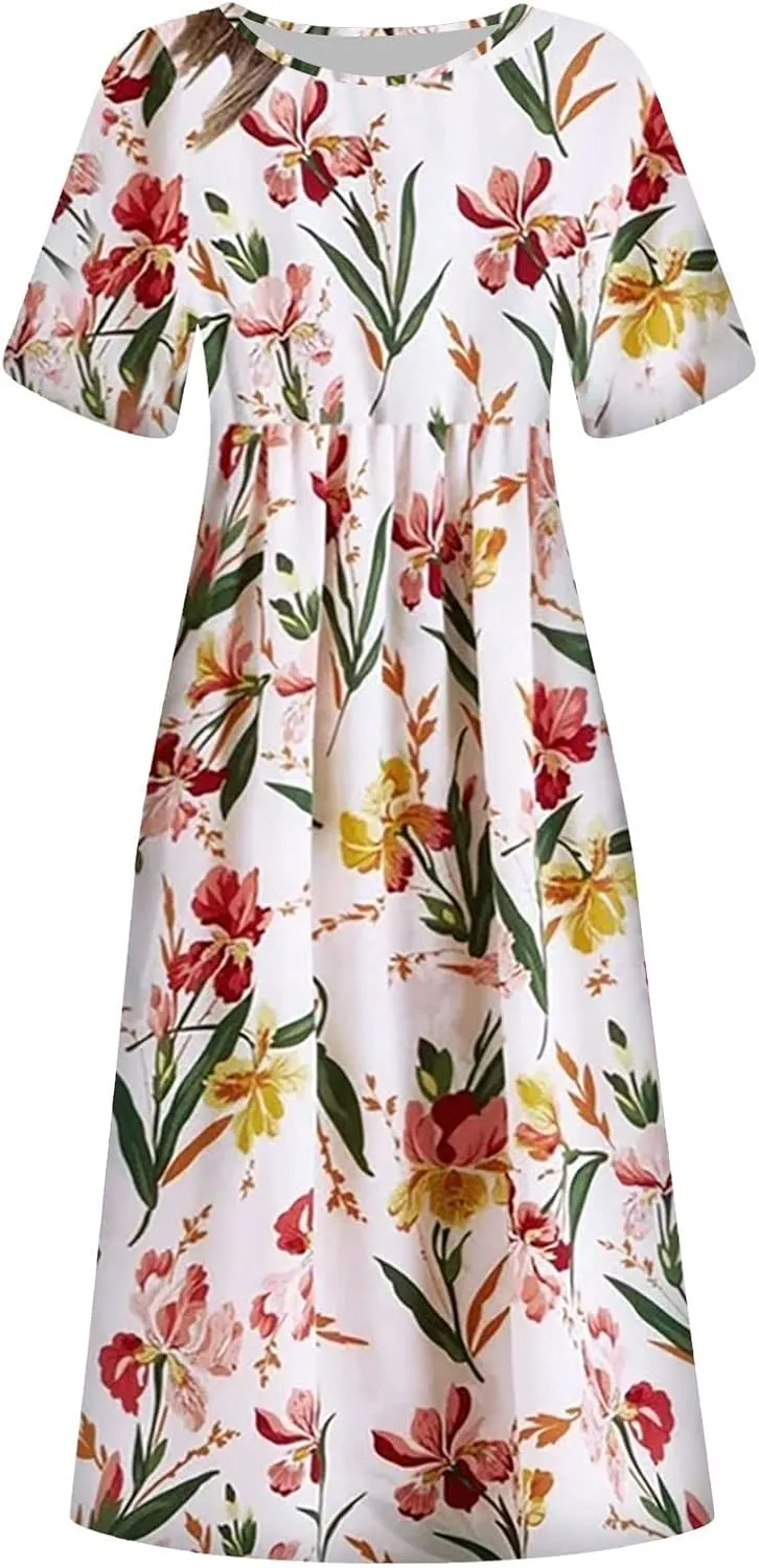 FlekmanArt Dresses for Women 2024 Round Neck Pocket Long Dresses Pleated Printed Dresses Short Sleeve Casual Beach Dress