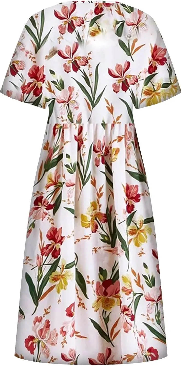 FlekmanArt Dresses for Women 2024 Round Neck Pocket Long Dresses Pleated Printed Dresses Short Sleeve Casual Beach Dress