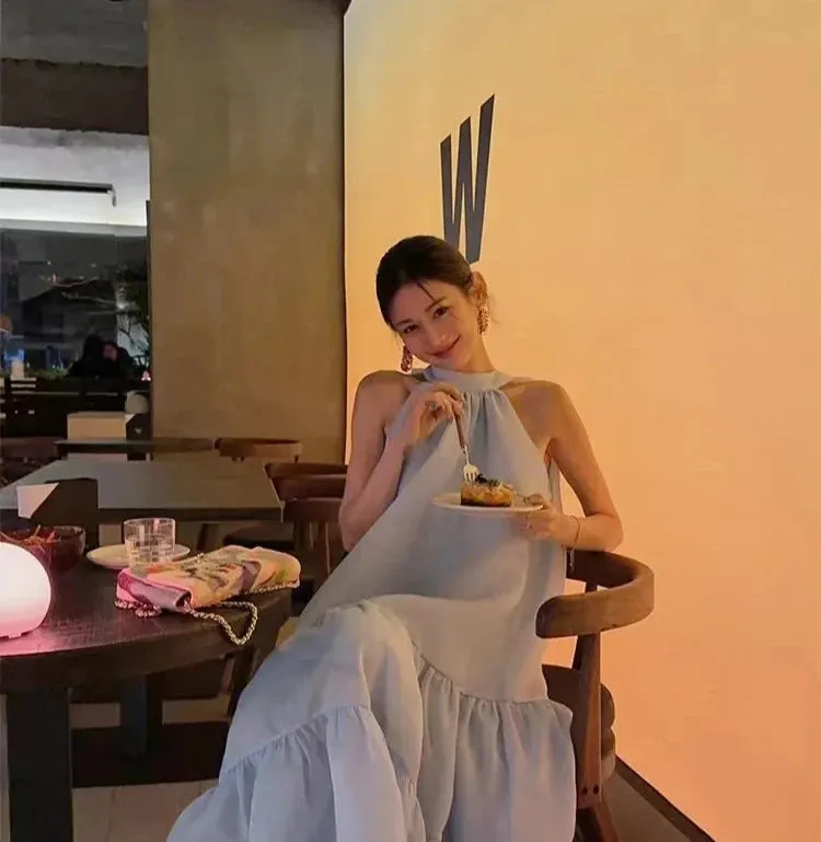 French Elegant Women's Summer Fashion New Sleeveless Strapless Bowknot Blue Long Skirt Kawaii Vest Prom Dress