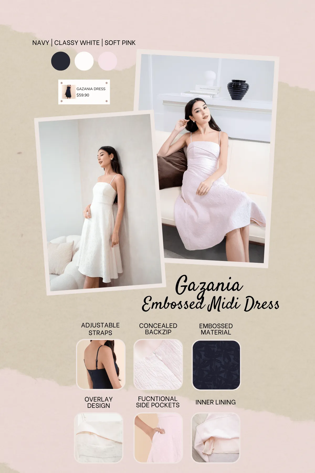 GAZANIA EMBOSSED MIDI DRESS IN SOFT PINK