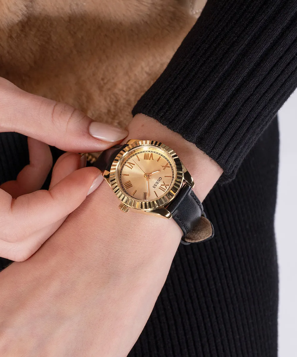 GUESS Ladies Black Gold Tone Analog Watch