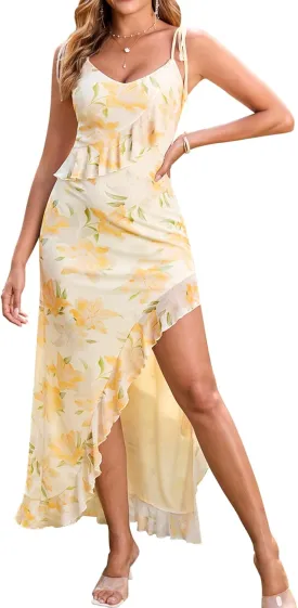 HTZMO Women Summer Floral Sexy V Neck Slit Maxi Dress Halter Tie Ruffle Flowy Casual Boho Beach Party Long Dresses