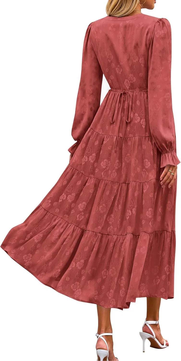 KIRUNDO Dresses for Women 2025 Elegant Classy Wedding Guest Maxi Long Sleeve Empire Waist Ruffle Tiered A Line Long Dress