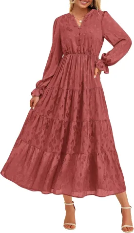 KIRUNDO Dresses for Women 2025 Elegant Classy Wedding Guest Maxi Long Sleeve Empire Waist Ruffle Tiered A Line Long Dress