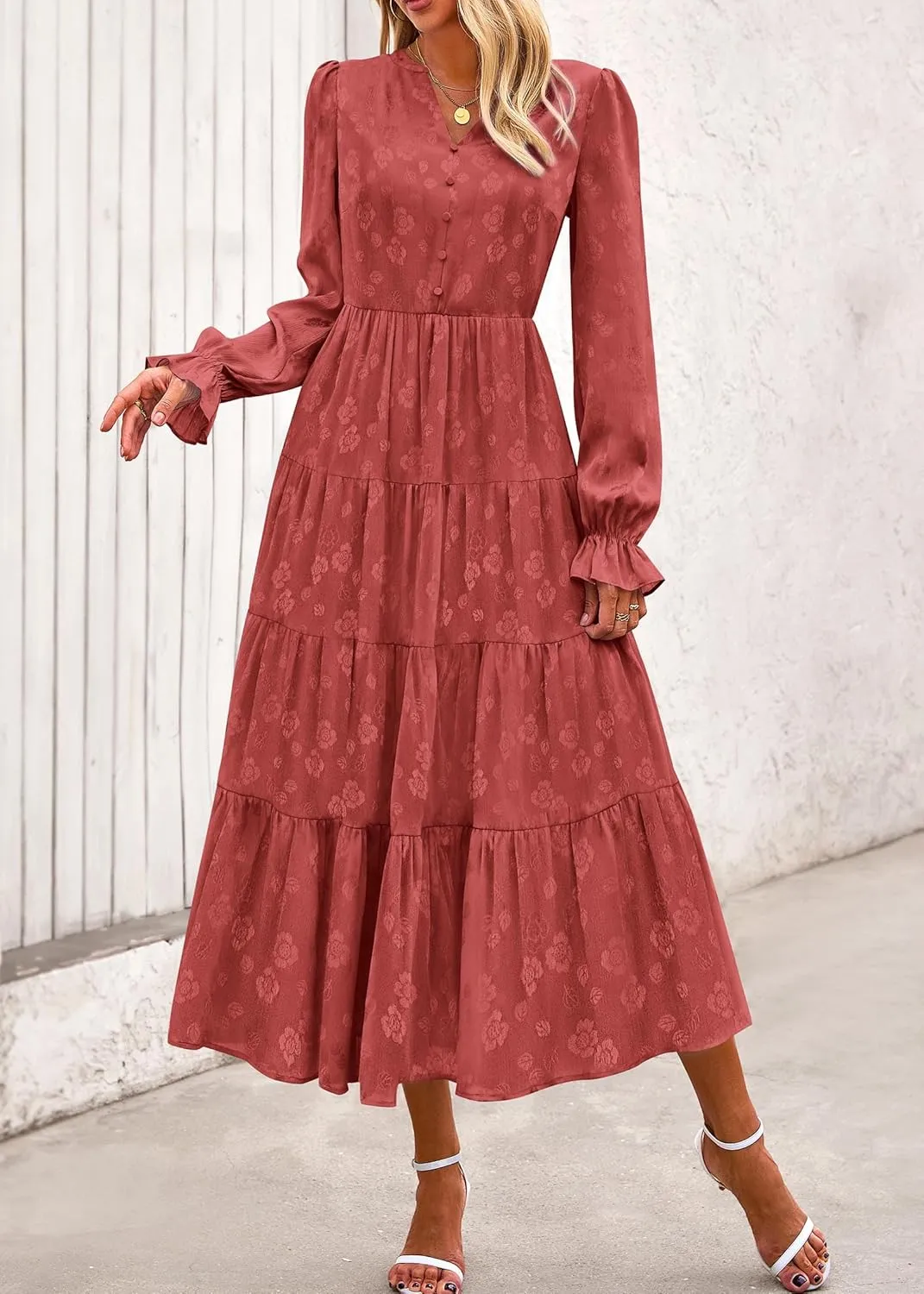 KIRUNDO Dresses for Women 2025 Elegant Classy Wedding Guest Maxi Long Sleeve Empire Waist Ruffle Tiered A Line Long Dress