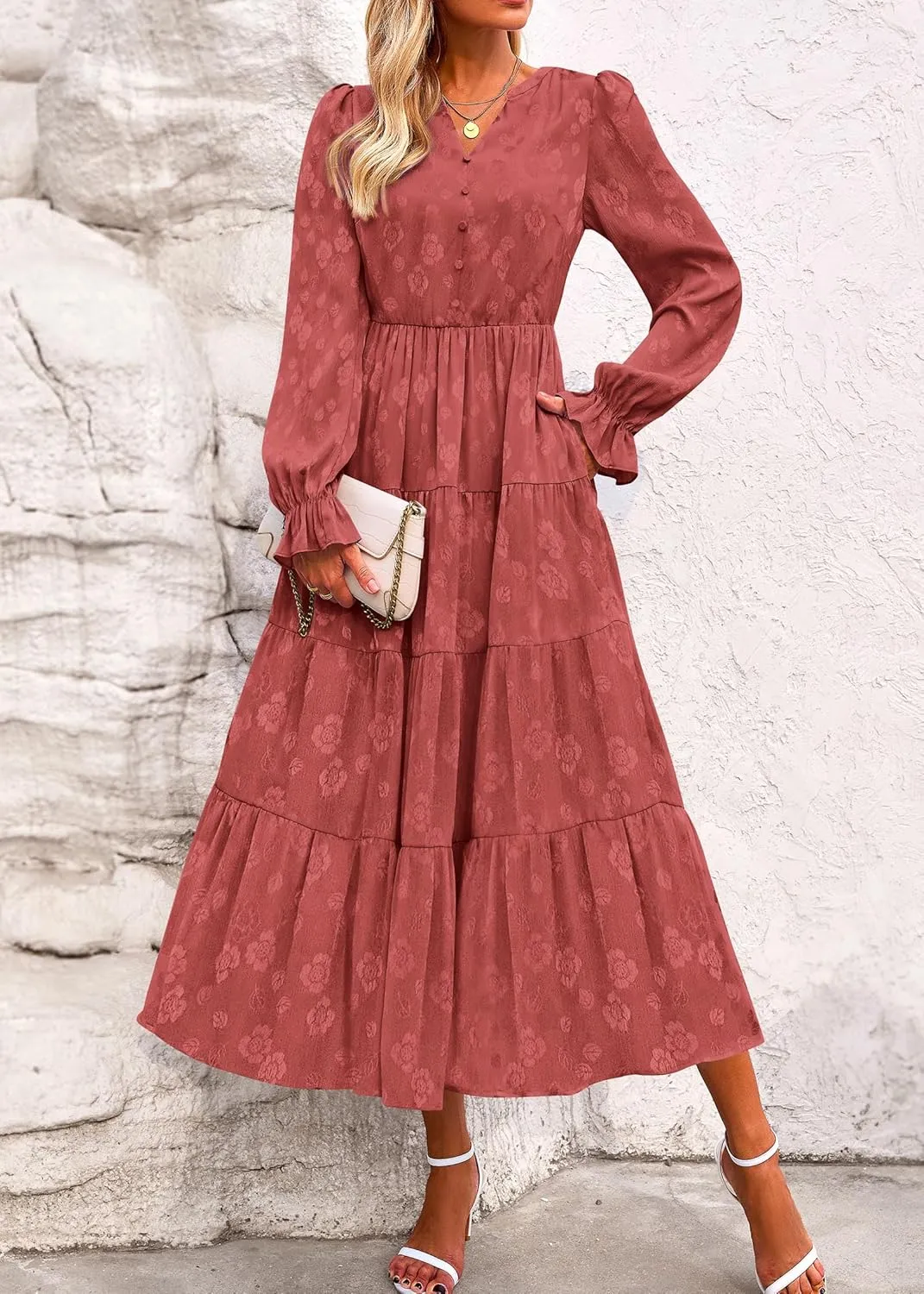 KIRUNDO Dresses for Women 2025 Elegant Classy Wedding Guest Maxi Long Sleeve Empire Waist Ruffle Tiered A Line Long Dress