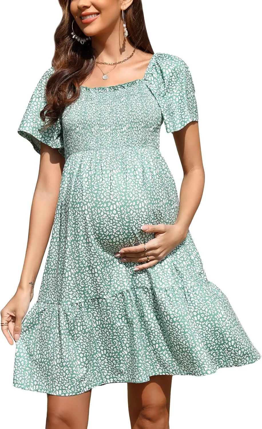 KOJOOIN Women's Maternity Square Neck Short Sleeve Summer Dress Smocked Boho Ruffle Casual Midi Dress Baby Shower Photoshoot
