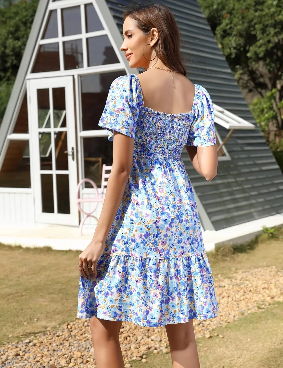 KOJOOIN Women's Maternity Square Neck Short Sleeve Summer Dress Smocked Boho Ruffle Casual Midi Dress Baby Shower Photoshoot