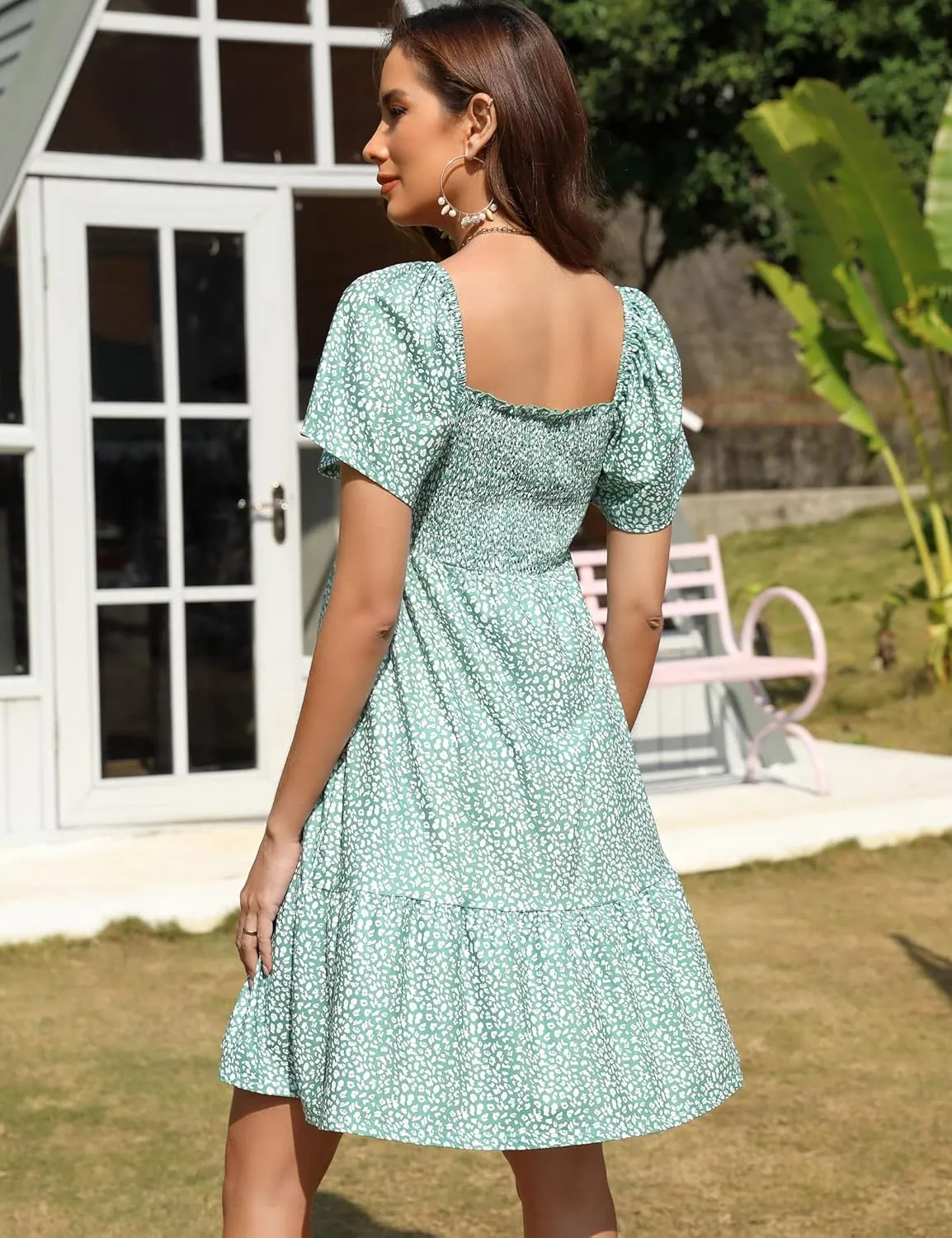 KOJOOIN Women's Maternity Square Neck Short Sleeve Summer Dress Smocked Boho Ruffle Casual Midi Dress Baby Shower Photoshoot