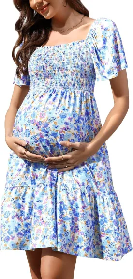 KOJOOIN Women's Maternity Square Neck Short Sleeve Summer Dress Smocked Boho Ruffle Casual Midi Dress Baby Shower Photoshoot
