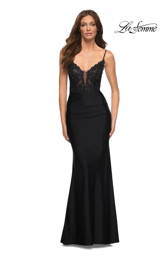 La Femme 30466 V-Neck Laced Embellished Gown With Lace Up Back