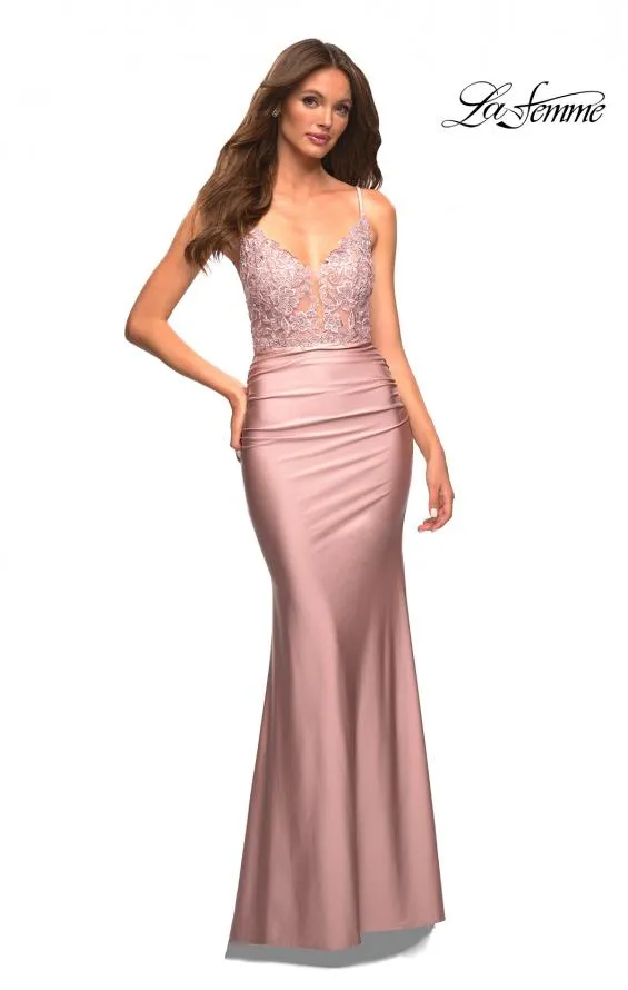 La Femme 30466 V-Neck Laced Embellished Gown With Lace Up Back