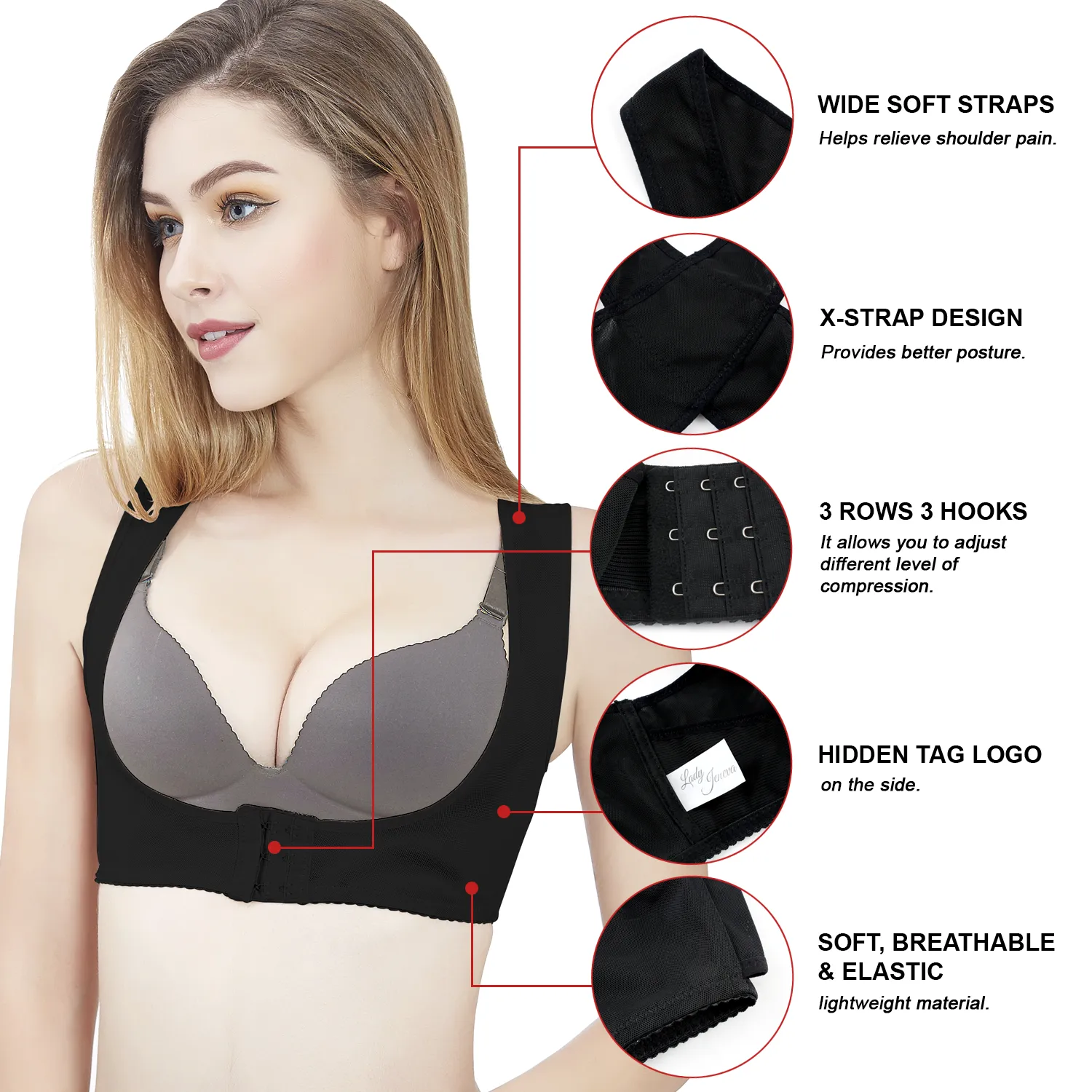 Lady Jeneva Women Posture Corrector X-Strap Shapewear - Black