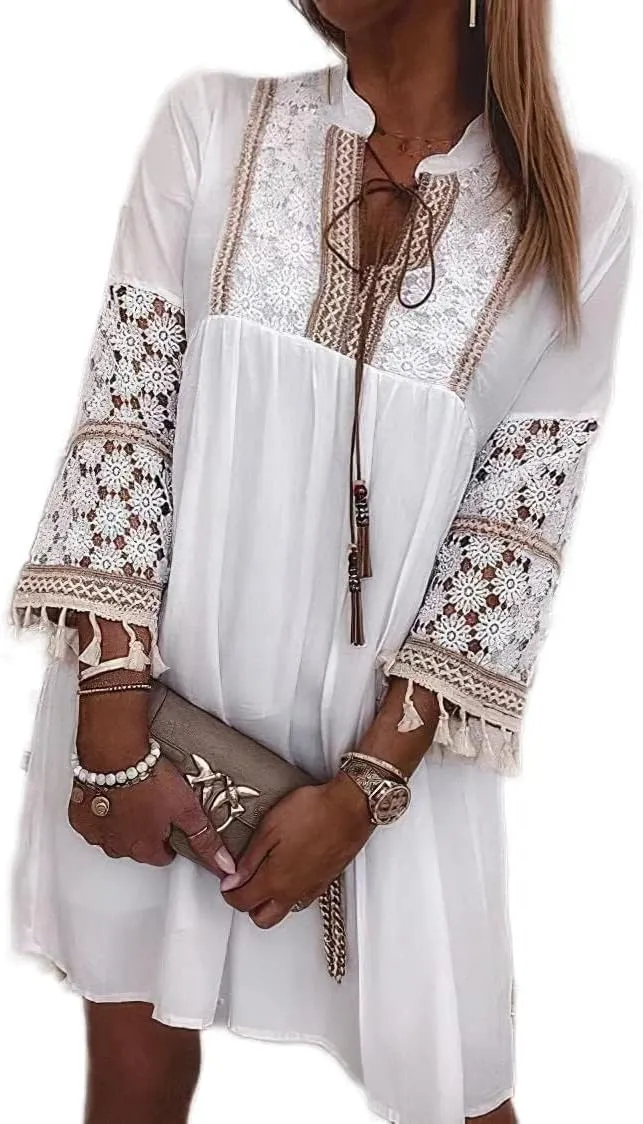 MARSVOVO Women Princess Mini Dress Solid Color Deep V Neck White Lace Dresses Casual Summer Lotus Leaf Sleeve Beach Dress