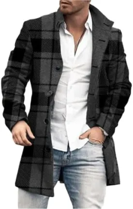 Mens Plaid Trench Coat Vintage Graphic Lapel Single Breasted Mid Long Jacket Coats Wool Blend Color Block Overcoat